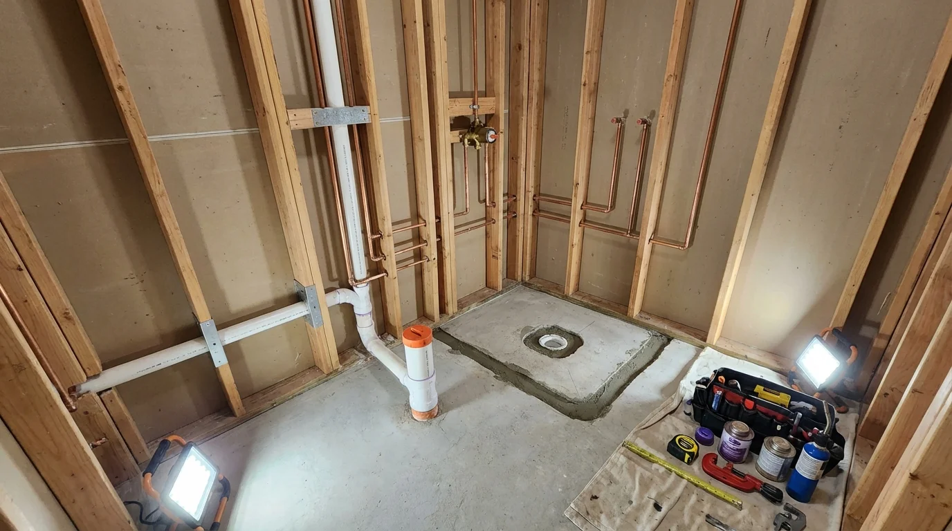 Bathroom rough-in plumbing during remodel by Johns Plumbing LLC in Chinook