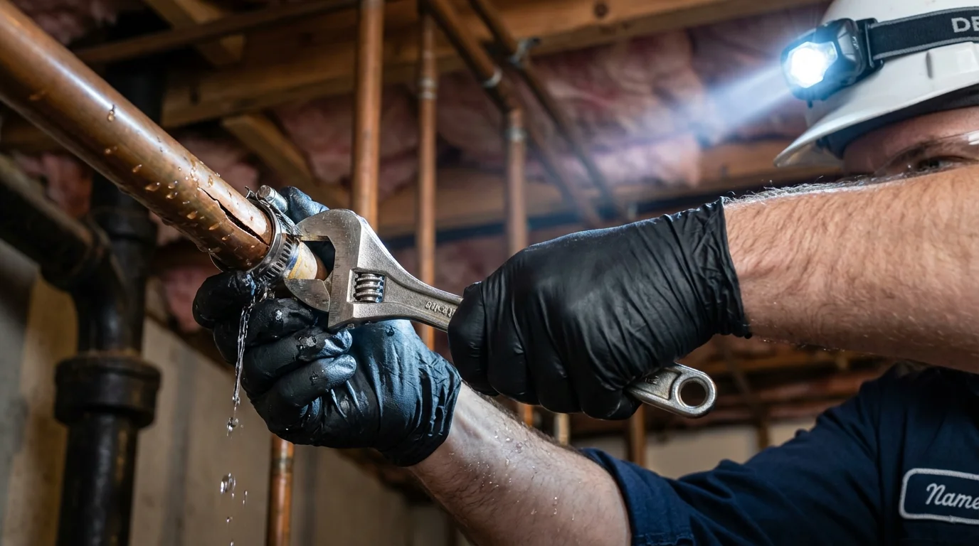 Emergency pipe clamp repair being performed by a Johns Plumbing LLC plumber in Chinook