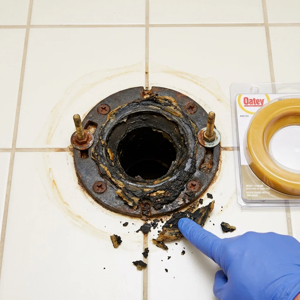 Failed wax ring showing water seepage at the base of a toilet in a Chinook, MT home
