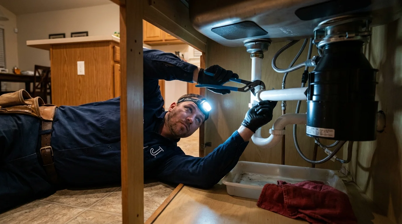 P-trap and supply line connections under a kitchen sink showing a common leak point in Chinook, MT